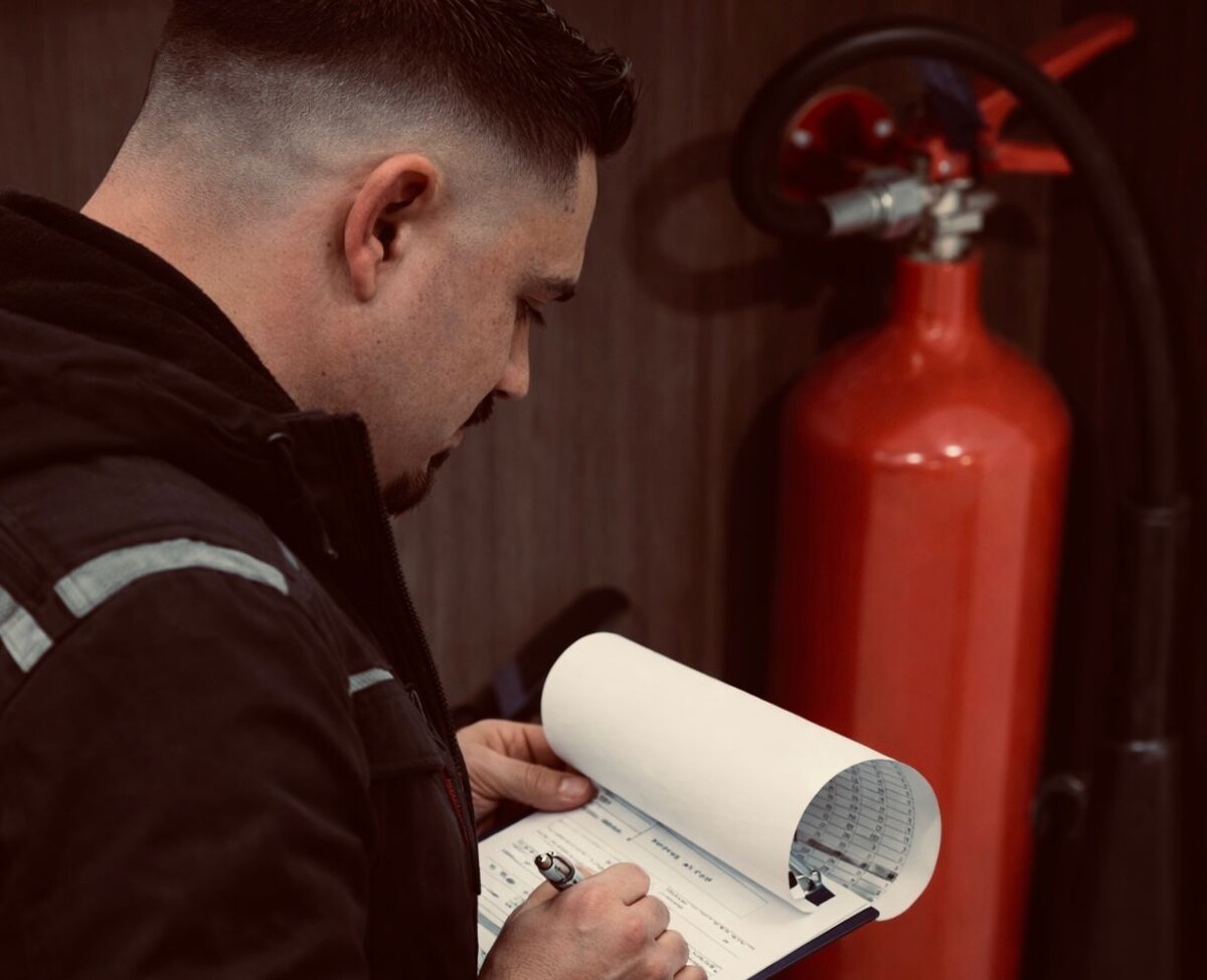 Fachkraft prüft einen Feuerlöscher und dokumentiert das Ergebnis auf einer Checkliste – Brandschutzbetreuung und Prüfung im Betrieb
