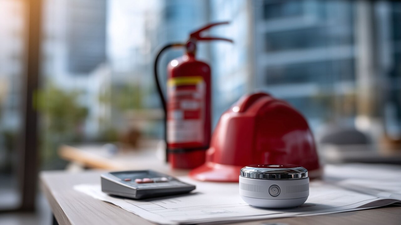 Brandschutz im Betrieb: Fachkräfte in Schutzkleidung stimmen Maßnahmen und Pläne ab