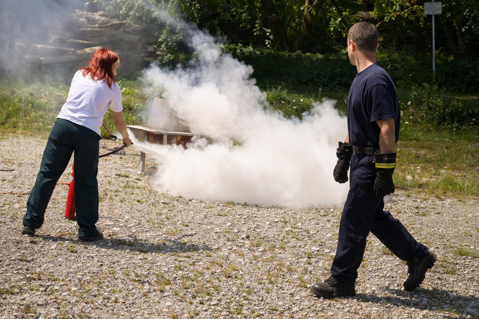 Brandschutzunterweisung: Team mit Atemschutz, Fluchtplan und Feuerlöscher